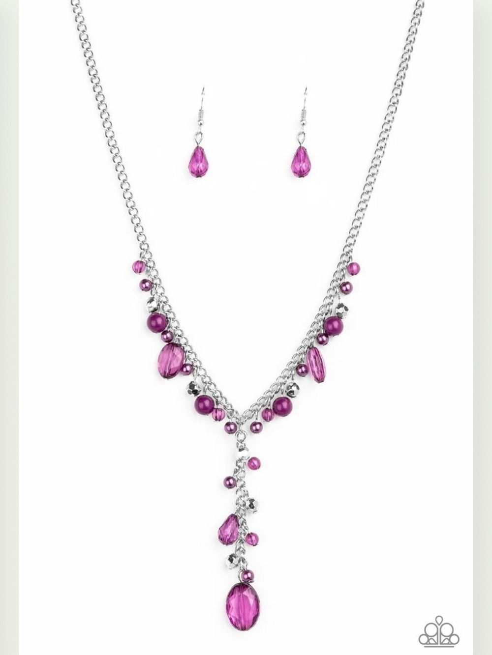 New! Crystal Couture Paparazzi Silver Purple Beaded Drop Necklace & Earring Set